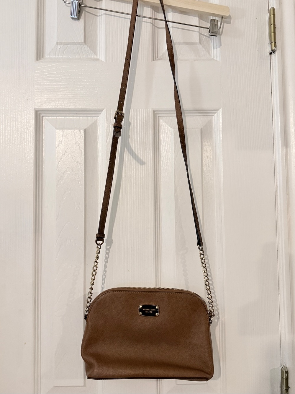 Michael Kors Brown Leather Crossbody with Gold Chain Accent